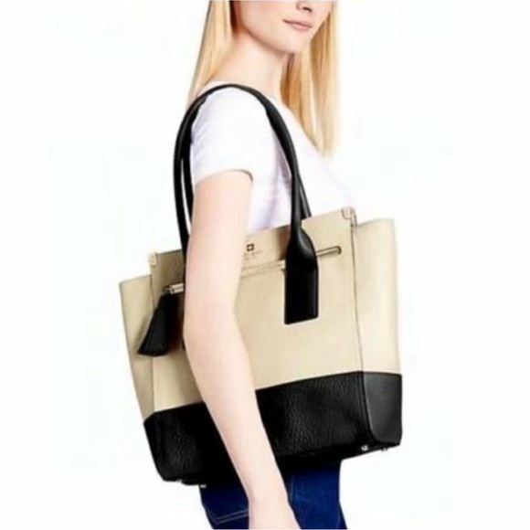 Kate Spade Tote Pebbled Cream Black Two Tone Shoulder Bag Purse Linda Southport - Picture 2 of 11